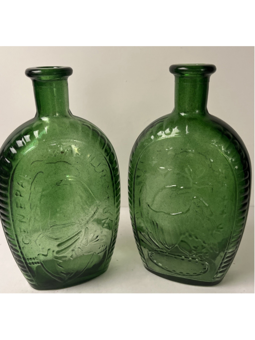 2x Vintage Green Glass Eagle Historical Flask General Washington Bottle